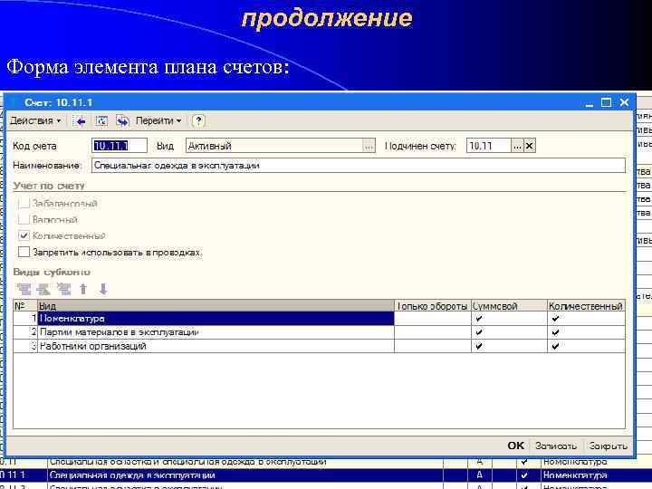 продолжение Форма элемента плана счетов: 
