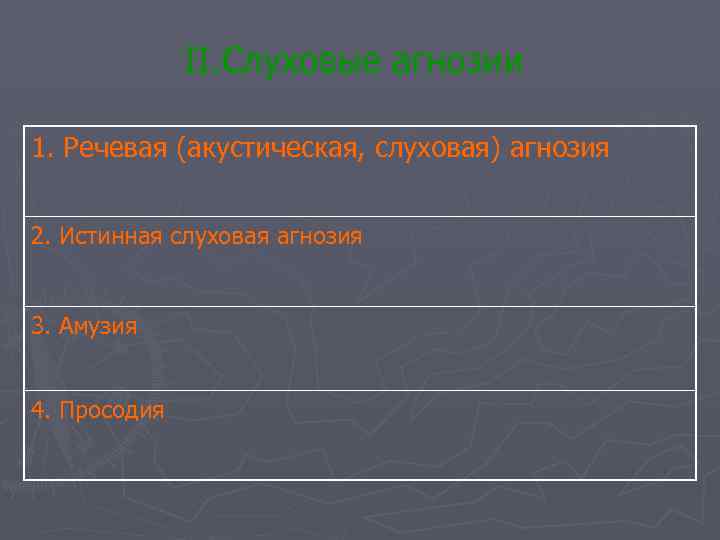 II. Слуховые агнозии 1. Речевая (акустическая, слуховая) агнозия 2. Истинная слуховая агнозия 3. Амузия