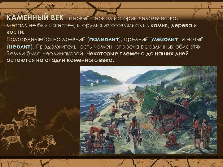 КАМЕННЫЙ ВЕК - первый период истории человечества, металл не был известен, и орудия изготовлялись