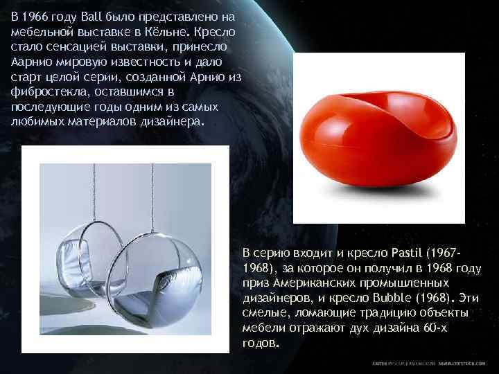 В 1966 году Ball было представлено на мебельной выставке в Кёльне. Кресло стало сенсацией