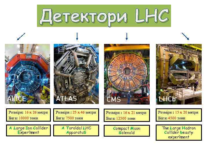 Детектори LHC Розміри: 16 x 26 метри Вага: 10000 тонн Розміри : 25 x