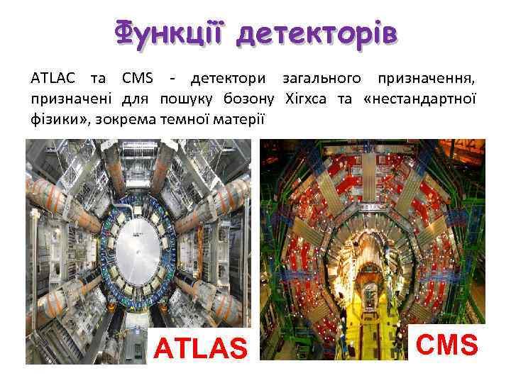 Функції детекторів ATLAC та CMS - детектори загального призначення, призначені для пошуку бозону Хігхса