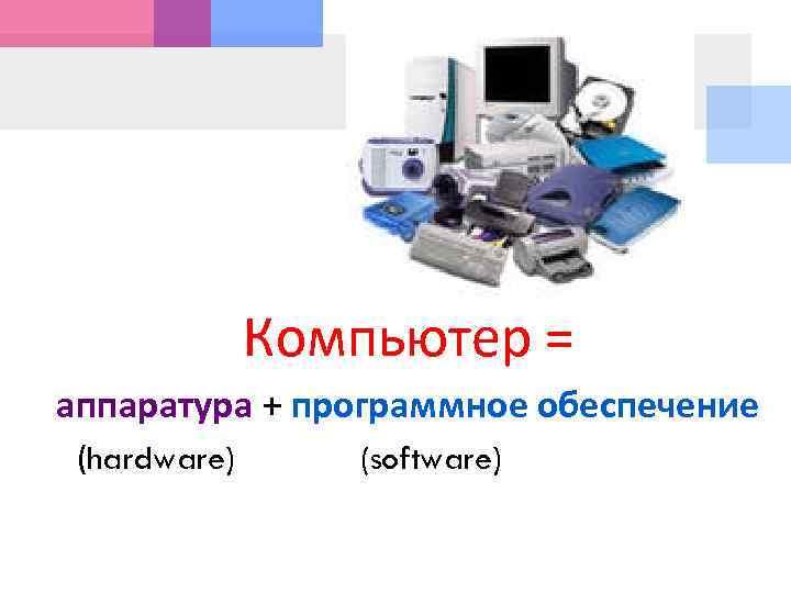 Компьютер = аппаратура + программное обеспечение (hardware) (software) 