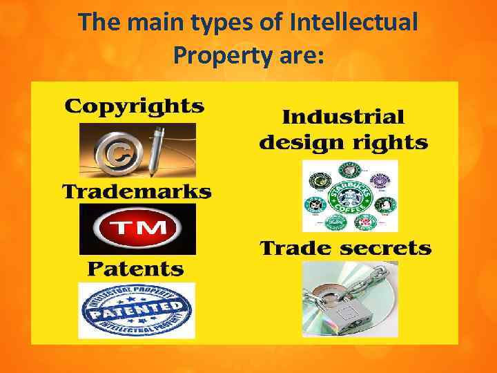 The main types of Intellectual Property are: 