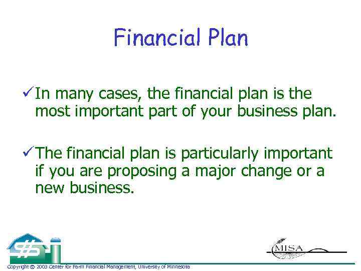 Financial Plan ü In many cases, the financial plan is the most important part