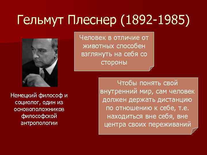 Гельмут Плеснер (1892 -1985) Человек в отличие от животных способен взглянуть на себя со