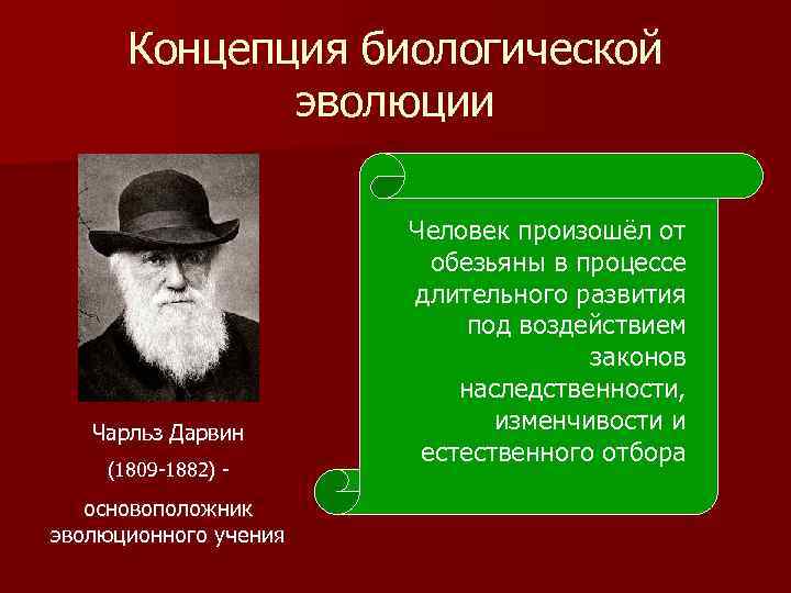 Концепция биологической эволюции Чарльз Дарвин (1809 -1882) - основоположник эволюционного учения Человек произошёл от