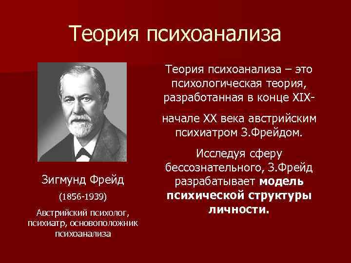 Теория психоанализа – это психологическая теория, разработанная в конце XIXначале XX века австрийским психиатром