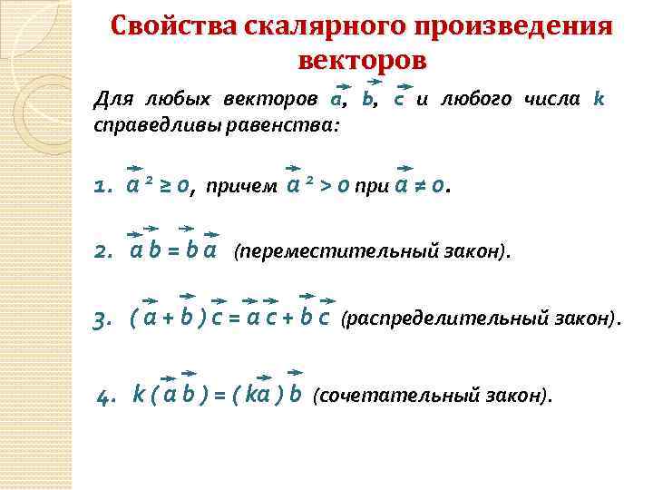 Произведение векторов a b c. Свойства скалярного произведения. Основные свойства скалярного произведения векторов. Свойства скалярного произведения двух векторов. Скалярное произведение векторов и его свойства.