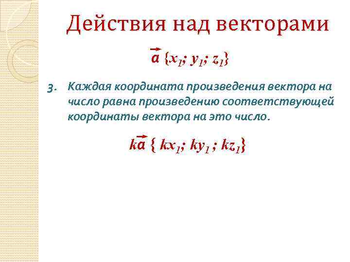 Действия над векторами а {х1; у1; z 1} 3. Каждая координата произведения вектора на
