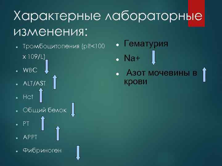 Характерные лабораторные изменения: Тромбоцитопения (plt<100 x 109/L) WBC ALT/AST Hct Общий белок PT APPT