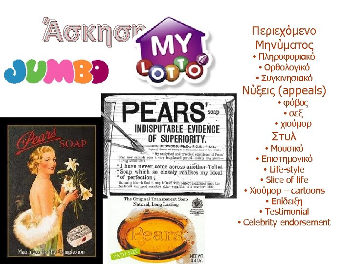 Άσκηση Περιεχόμενο Μηνύματος • Πληροφοριακό • Ορθολογικό • Συγκινησιακό Νύξεις (appeals) • φόβος •