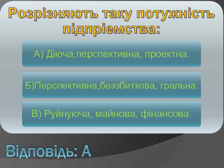 Розрізняють таку потужність підпріемства: А) Діюча, перспективна, проектна. Б)Перспективна, беззбиткова, гральна. В) Руйнуюча, майнова,