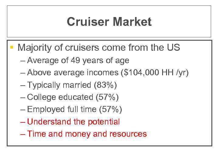 Cruiser Market § Majority of cruisers come from the US – Average of 49