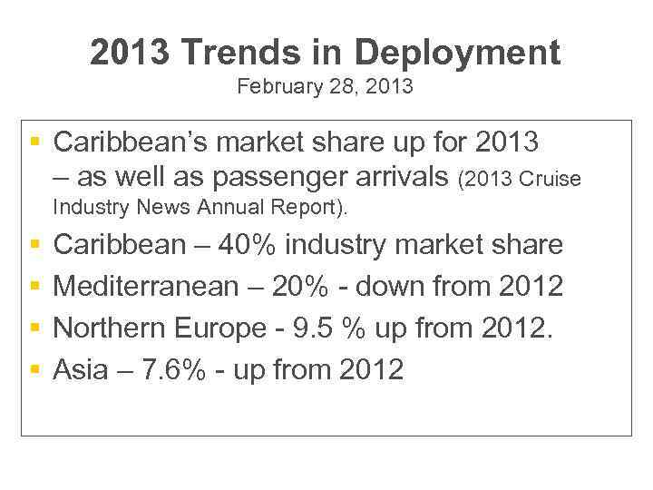 2013 Trends in Deployment February 28, 2013 § Caribbean’s market share up for 2013