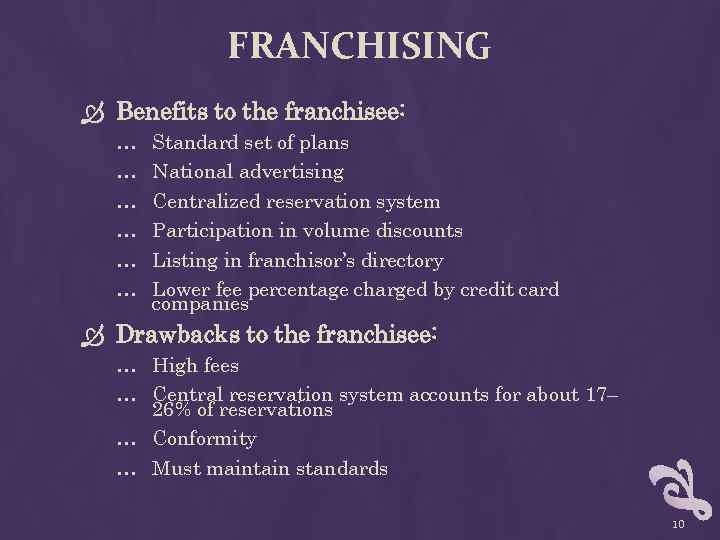 FRANCHISING Benefits to the franchisee: … … … Standard set of plans National advertising