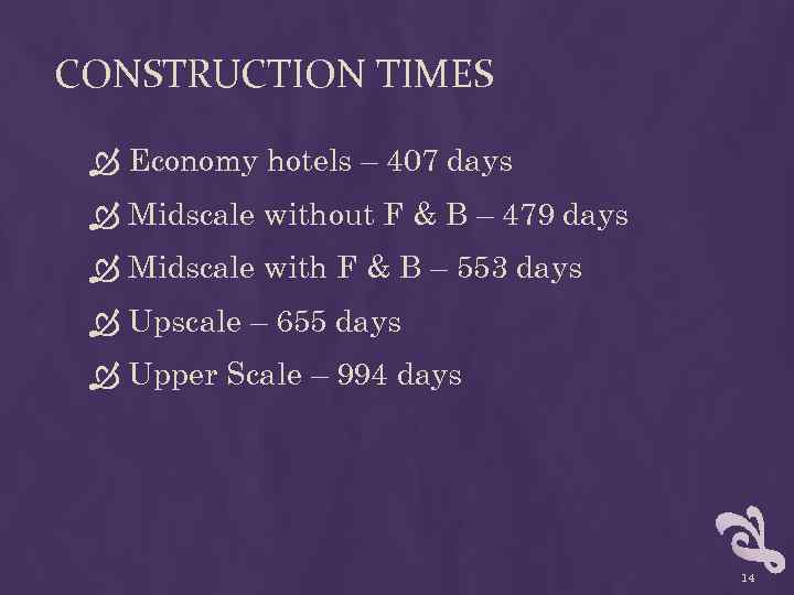 CONSTRUCTION TIMES Economy hotels – 407 days Midscale without F & B – 479