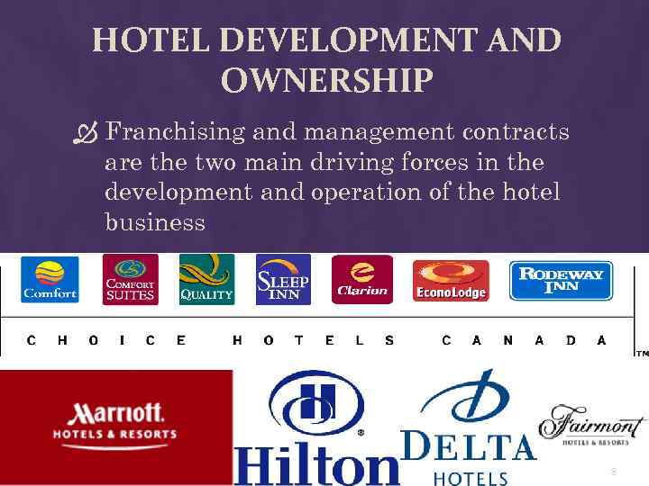 HOTEL DEVELOPMENT AND OWNERSHIP Franchising and management contracts are the two main driving forces