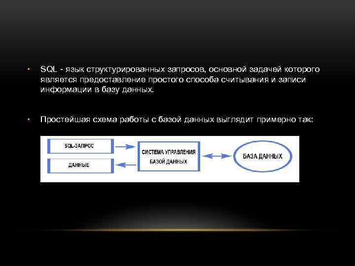  • SQL - язык структурированных запросов, основной задачей которого является предоставление простого способа