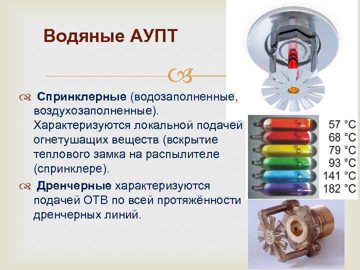 Водяные АУПТ Спринклерные (водозаполненные, воздухозаполненные). Характеризуются локальной подачей огнетушащих веществ (вскрытие теплового замка на