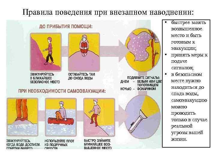 Правила поведения при внезапном наводнении: • быстрее занять возвышенное место и быть готовым к