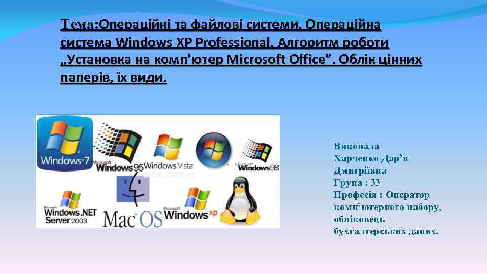 Тема: Операційні та файлові системи. Операційна система Windows XP Professional. Алгоритм роботи „Установка на