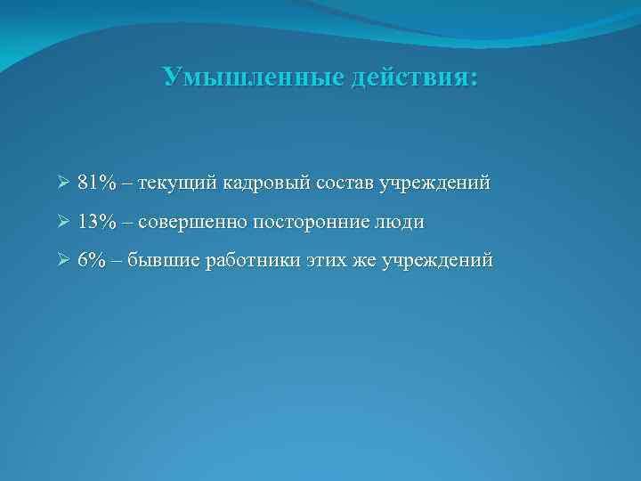 Умышленные действия: Ø 81% – текущий кадровый состав учреждений Ø 13% – совершенно посторонние