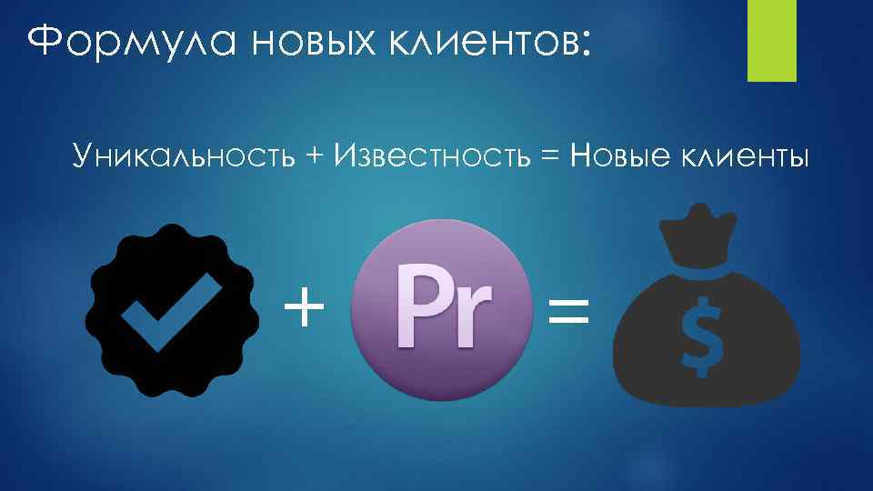 Формула новых клиентов: Уникальность + Известность = Новые клиенты + = 