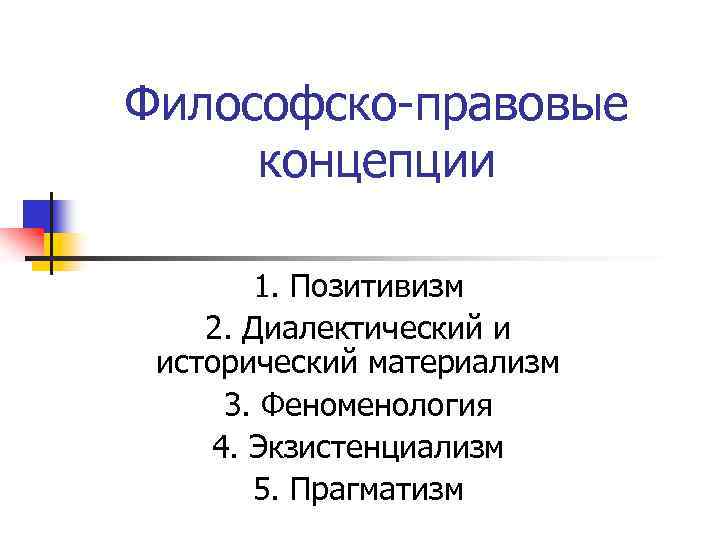 Философско-правовые концепции 1. Позитивизм 2. Диалектический и исторический материализм 3. Феноменология 4. Экзистенциализм 5.