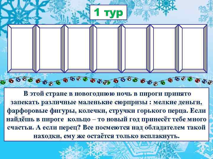 1 тур В этой стране в новогоднюю ночь в пироги принято запекать различные маленькие