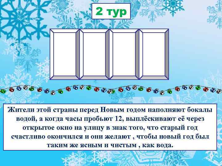 2 тур Жители этой страны перед Новым годом наполняют бокалы водой, а когда часы