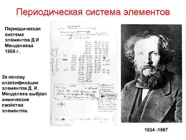 Периодическая система элементов Д. И Менделеева 1869 г. За основу классификации элементов Д. И.