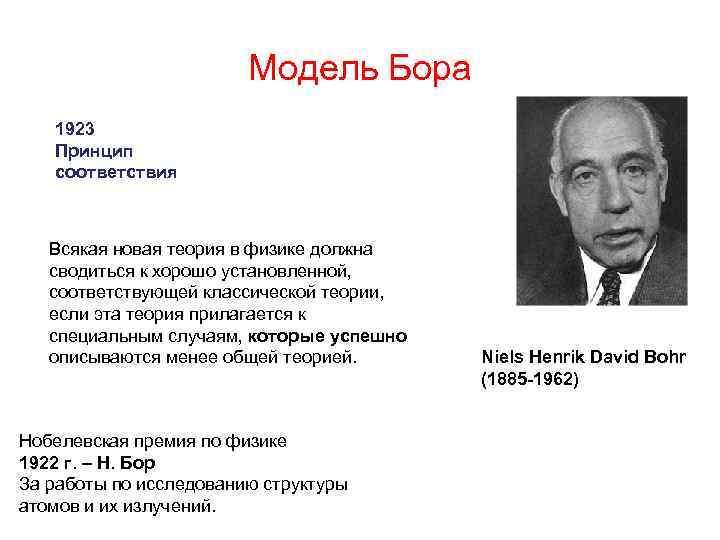 Модель Бора 1923 Принцип соответствия Всякая новая теория в физике должна сводиться к хорошо