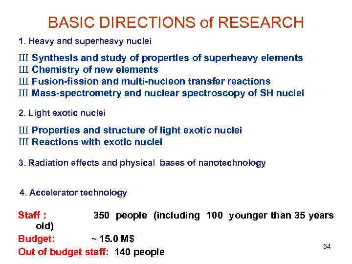 BASIC DIRECTIONS of RESEARCH 1. Heavy and superheavy nuclei Ш Ш Synthesis and study