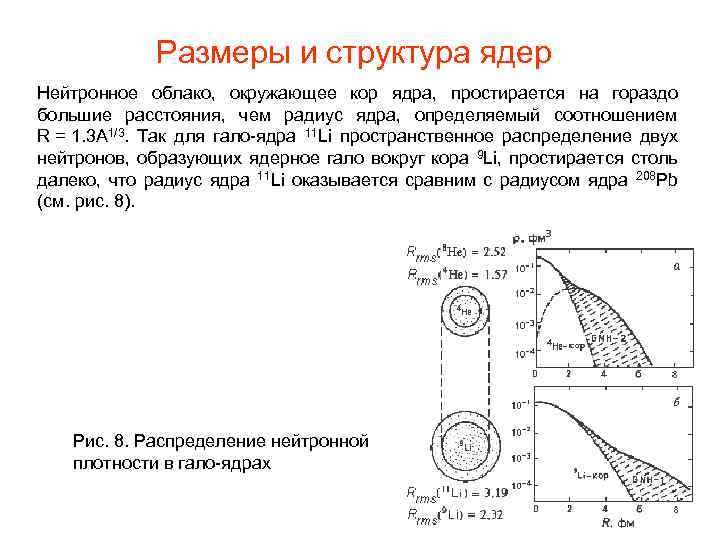 Pазмеры и структура ядер Нейтронное облако, окружающее кор ядра, простирается на гораздо большие расстояния,