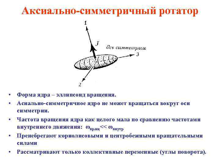 Аксиально-симметричный ротатор • Форма ядра – эллипсоид вращения. • Асиально-симметричное ядро не может вращаться