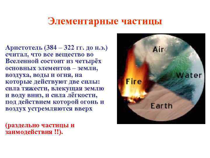 Элементарные частицы Аристотель (384 – 322 гг. до н. э. ) считал, что все