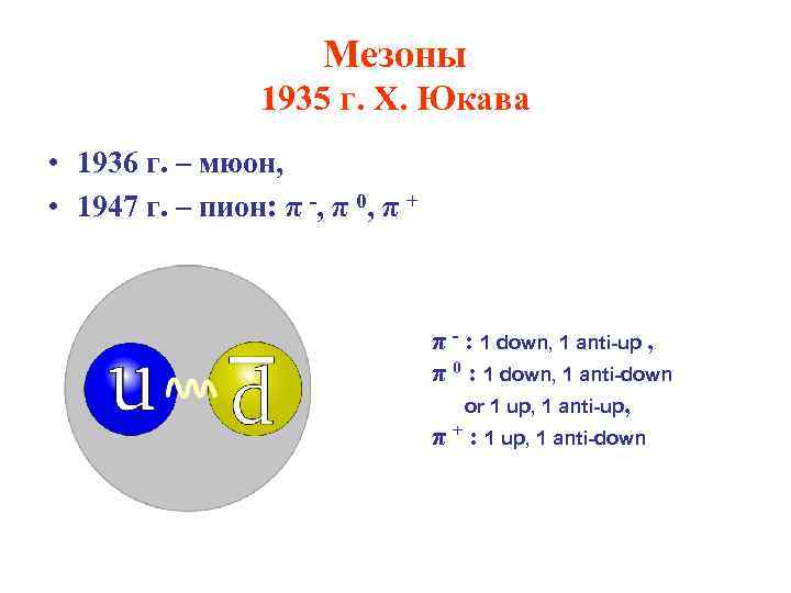 Мезоны 1935 г. Х. Юкава • 1936 г. – мюон, • 1947 г. –