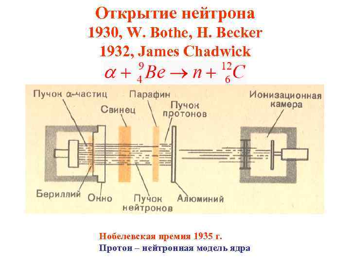 Открытие нейтрона 1930, W. Bothe, H. Becker 1932, James Chadwick Нобелевская премия 1935 г.