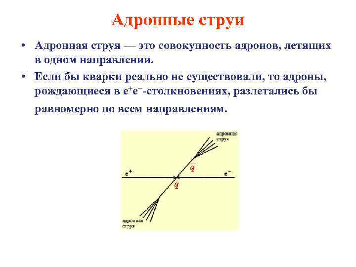 Адронные струи • Адронная струя — это совокупность адронов, летящих в одном направлении. •