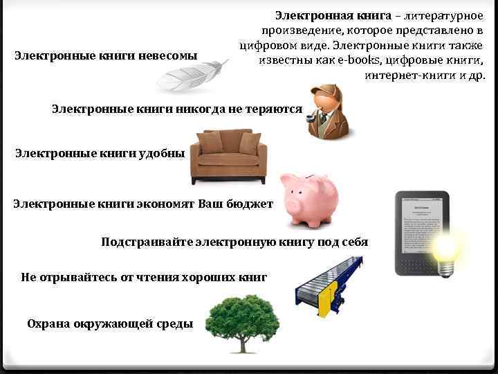 Электронные книги невесомы Электронная книга – литературное произведение, которое представлено в цифровом виде. Электронные
