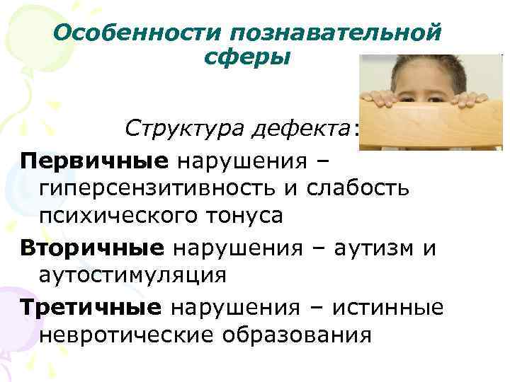 Особенности познавательной сферы Структура дефекта: Первичные нарушения – гиперсензитивность и слабость психического тонуса Вторичные