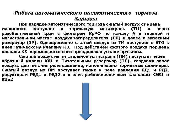 Работа автоматического пневматического тормоза Зарядка При зарядке автоматического тормоза сжатый воздух от крана машиниста