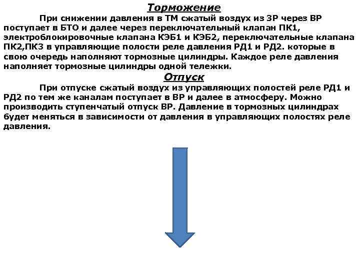 Торможение При снижении давления в ТМ сжатый воздух из ЗР через ВР поступает в