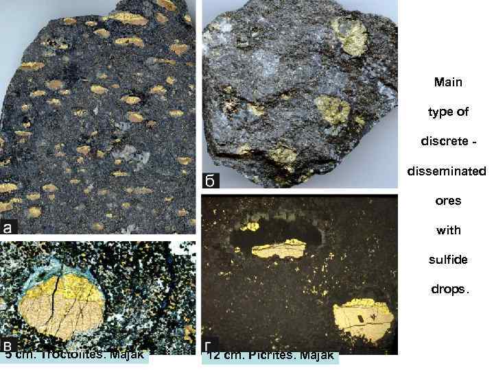 Main type of discrete 13 cm. Plagiopicrites. Taimyr disseminated ores 24 cm. Picrites. Skalistyi