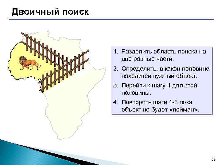 Двоичный поиск 1. Разделить область поиска на две равные части. 2. Определить, в какой