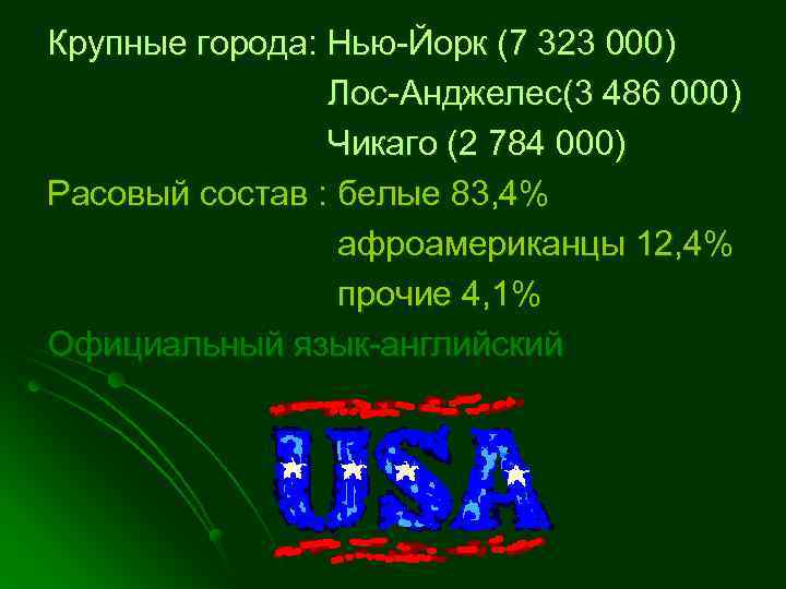 Крупные города: Нью-Йорк (7 323 000) Лос-Анджелес(3 486 000) Чикаго (2 784 000) Расовый