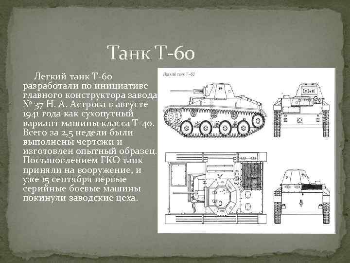 Танк Т-60 Легкий танк Т-60 разработали по инициативе главного конструктора завода № 37 Н.