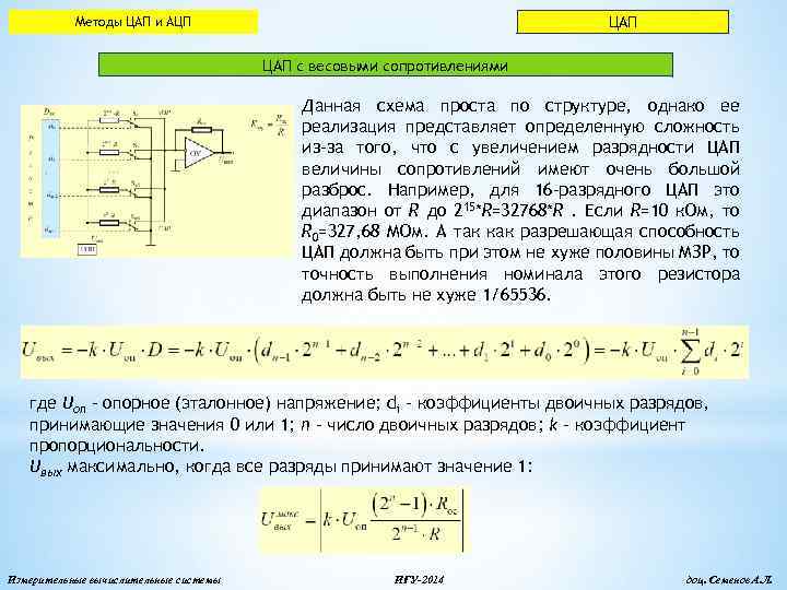 ЦАП Методы ЦАП и АЦП ЦАП с весовыми сопротивлениями Данная схема проста по структуре,