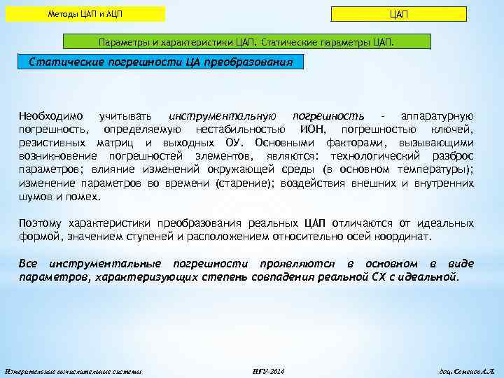 ЦАП Методы ЦАП и АЦП Параметры и характеристики ЦАП. Статические параметры ЦАП. Статические погрешности